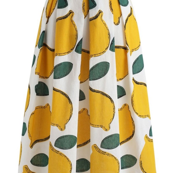 Chicwish Skirt Size M Bright Lemon Print On White A Line Zip 40% Wool Box Pleats - Picture 13 of 13